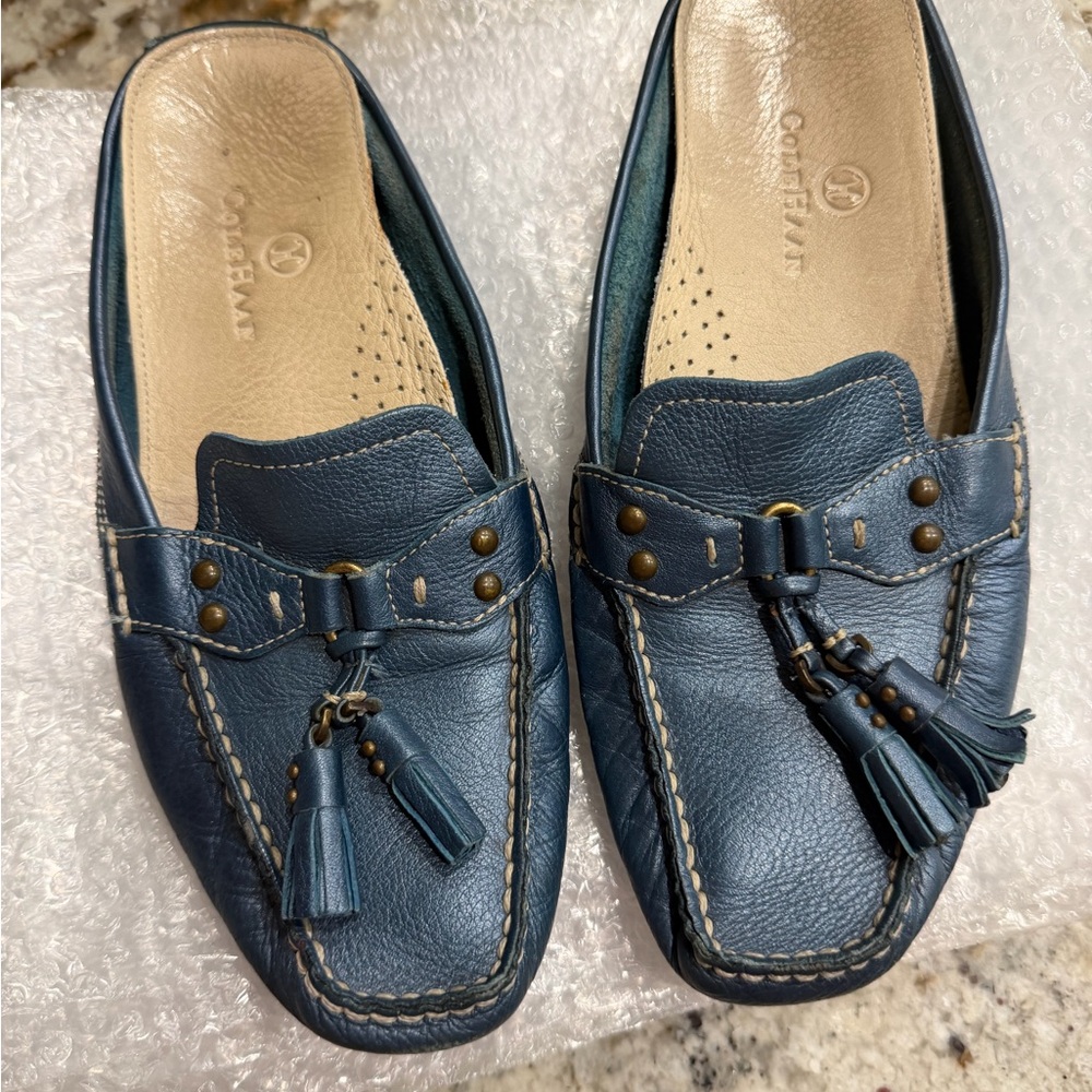 COLE HAAN metallic medium blue tassel loafer